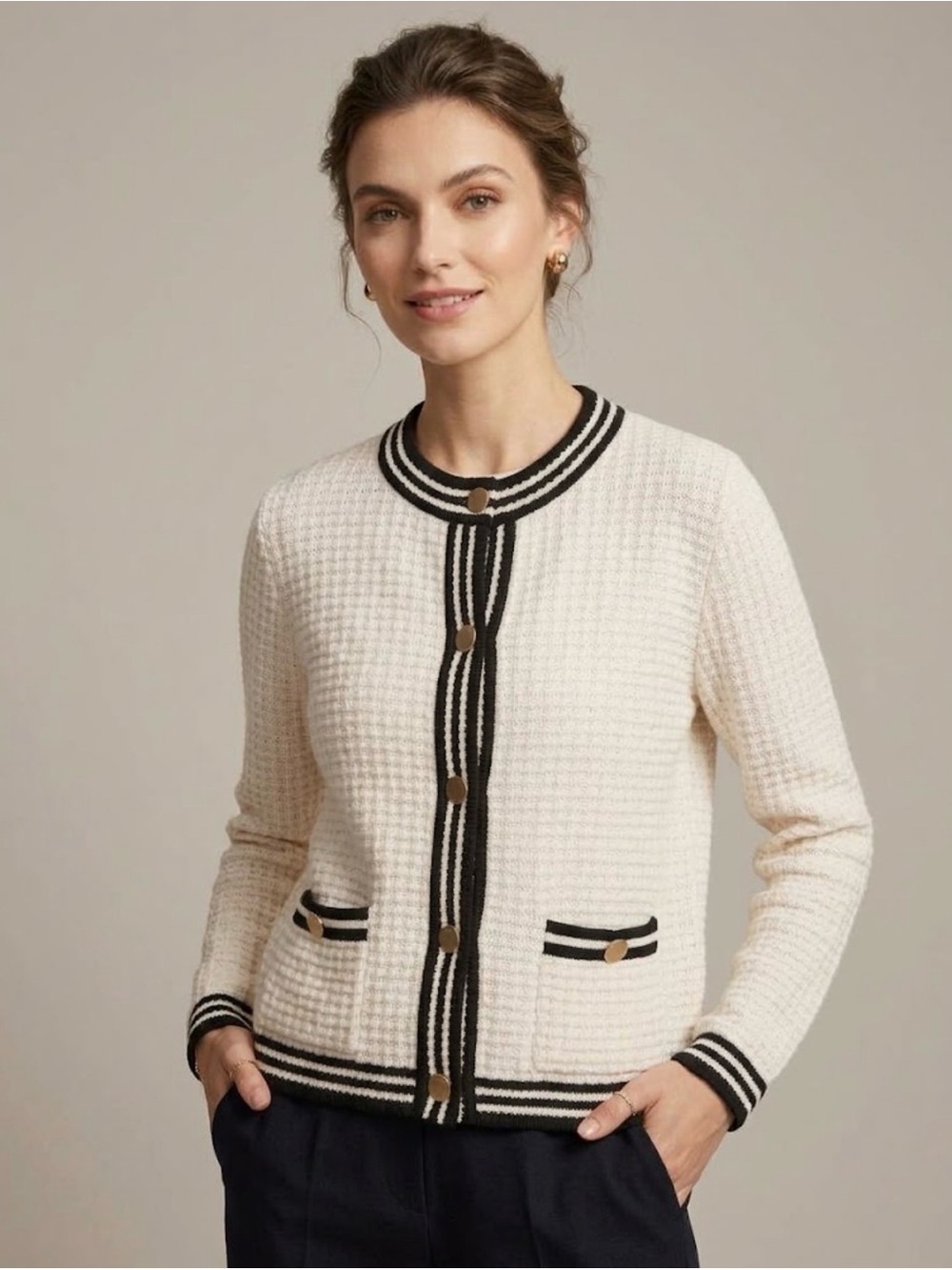 Suzy Shier Cream Knit Cardigan with Black Contrast Trim